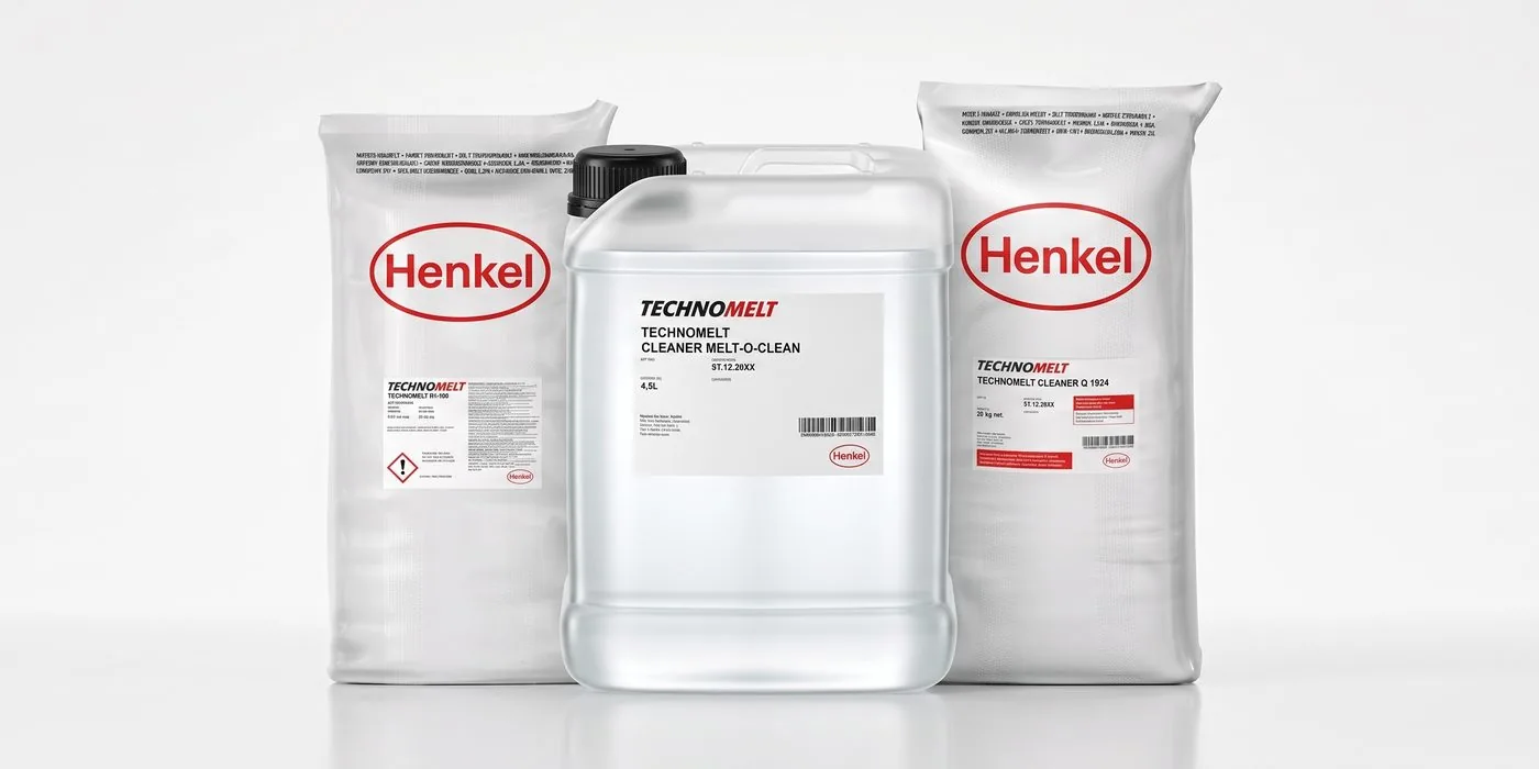 Sacos de Technomelt y limpiador Melt-O-Clean de Henkel para laminación flexible.